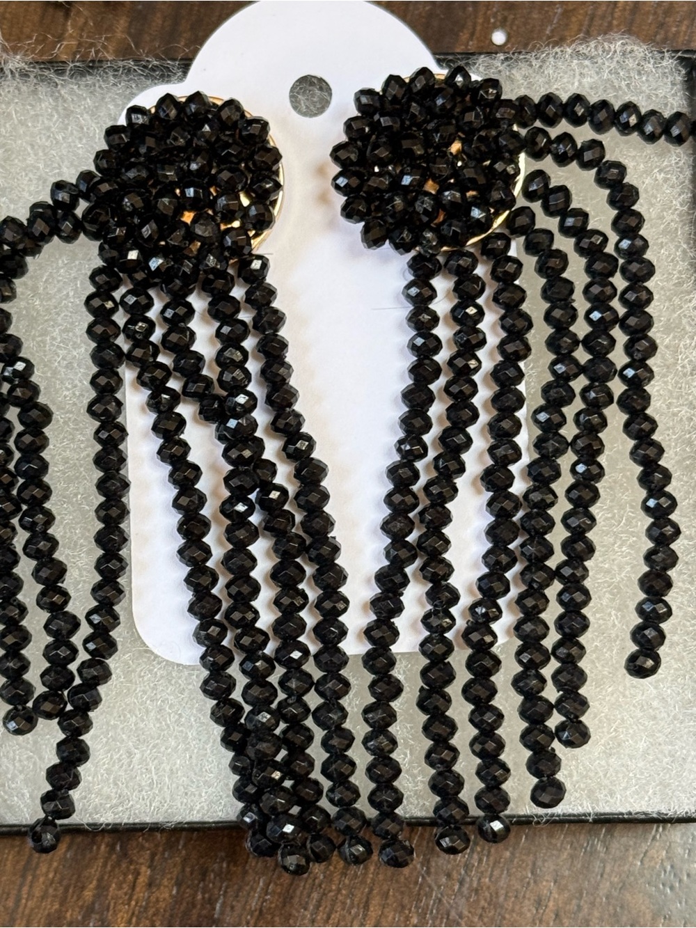 Black Beaded Fringe Drop Earrings - Unbranded